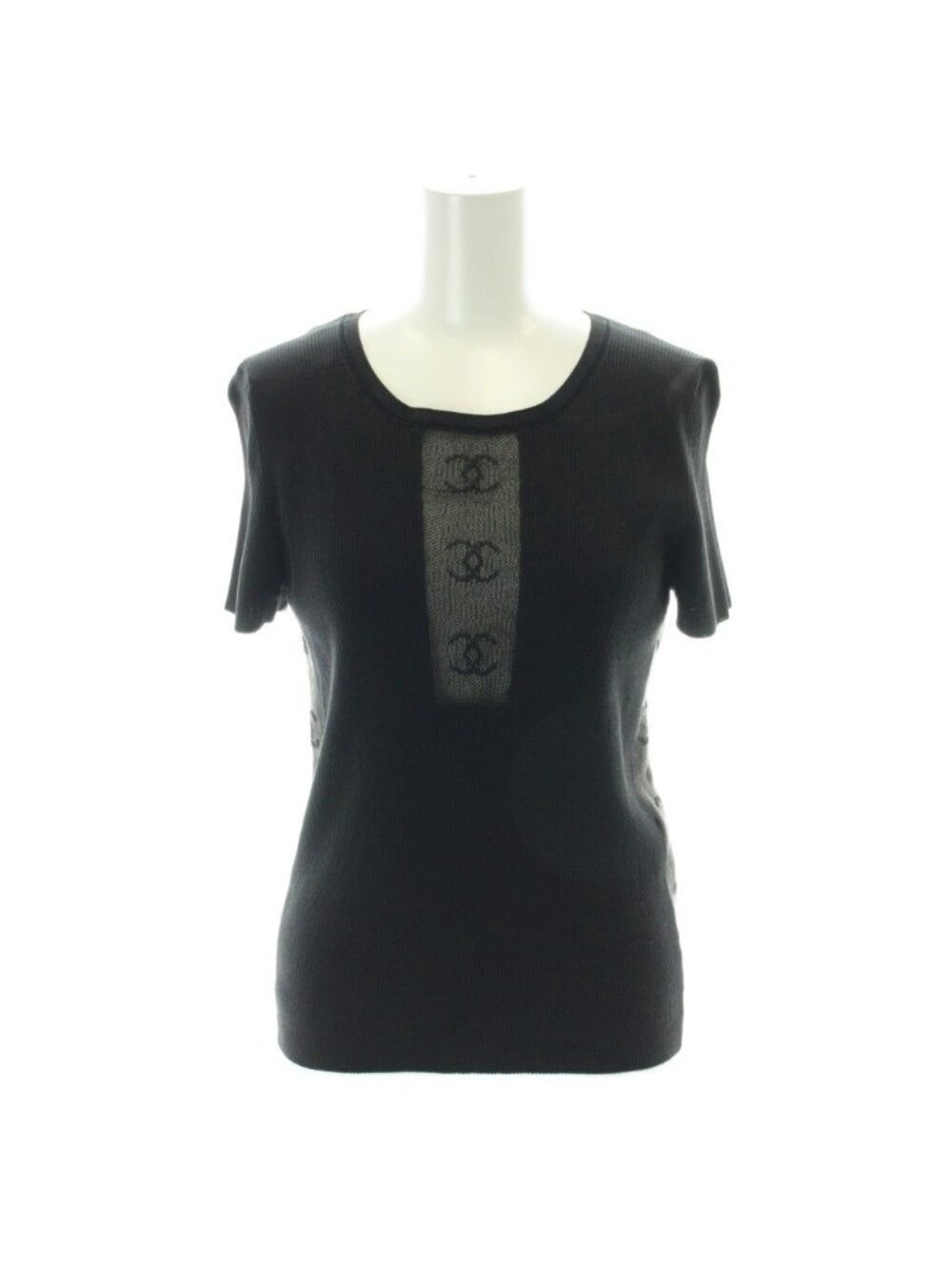 Chanel CC Logo Knit Short Sleeve Top Side Mesh Black Sweater 42
